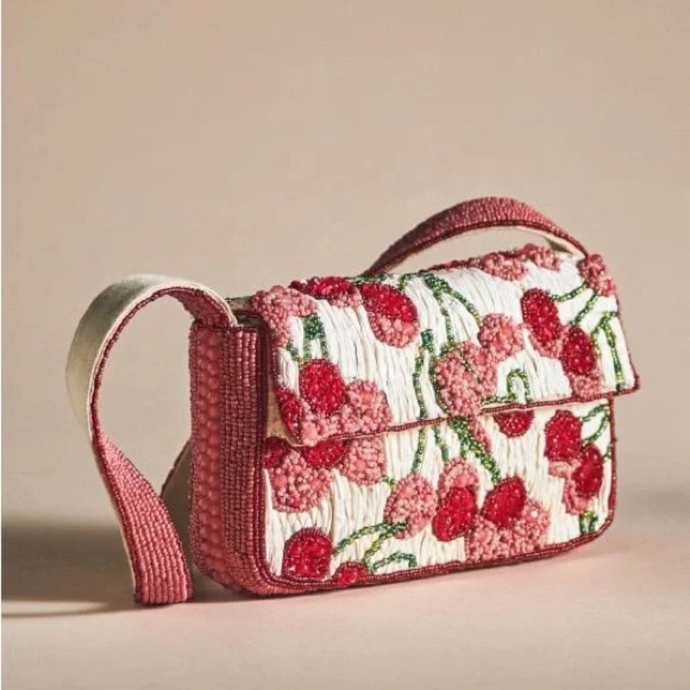 Anthropologie Fiona Beaded Bag with Cherries and Raffia embellishments